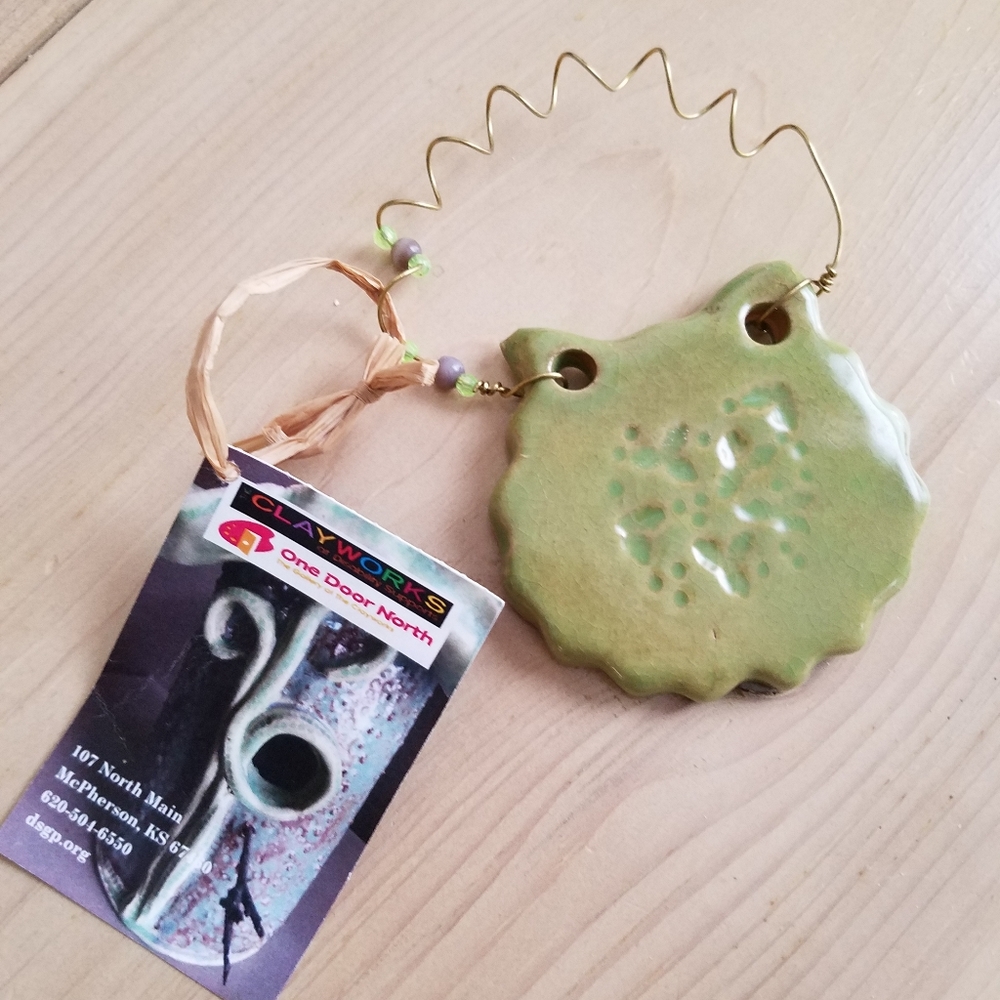 Clayworks Art Green Pottery Cat Hanging